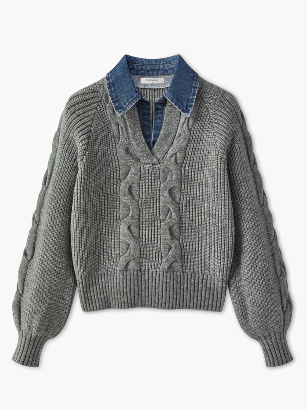Commense Gray Cable-Knit V-Neck Sweater with Blue Denim Collar
